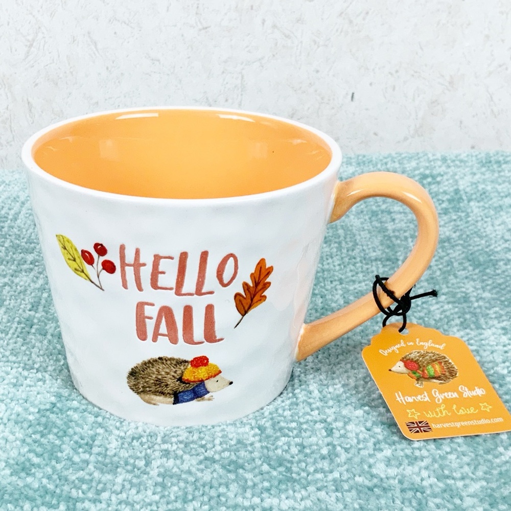 Harvest Green Studio Hello Fall Hedgehog Mug England NWT Autumn Leaves